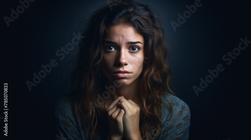 Regret on the face of a young woman standing against an isolated background photo