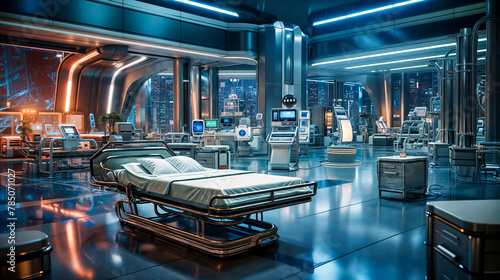 Futuristic Hospital Room Overlooking Nighttime Cityscape with Advanced Medical Equipment