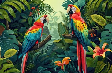 Crédence de cuisine  Colorful macaw parrots on tree branch side by side in lush tropical setting  © Nouman Ashraf