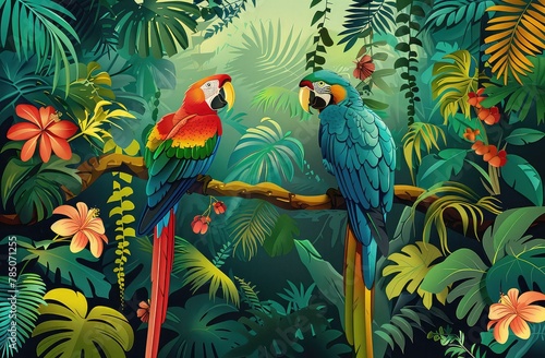 Colorful macaw parrots on tree branch side by side in lush tropical setting © Nouman Ashraf