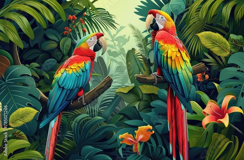 Colorful macaw parrots on tree branch side by side in lush tropical setting © Nouman Ashraf