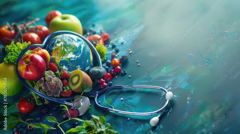 World health day concept with earth and healthy food. Design in a colorful style.