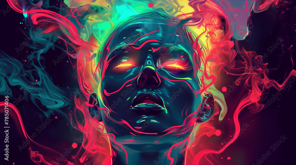 Surreal digital artwork of an abstract human head, glowing with vibrant neon colors against a dark background