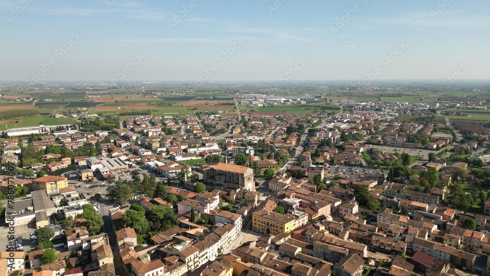 Aerial view Valeggio sul Mincio is a comune in Italy, located in the province of Verona, Venice region. Top view of typical Italian house roofs. Copy space