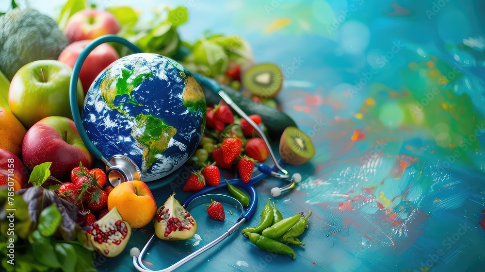 World health day concept with earth and healthy food. Design in a colorful style.
