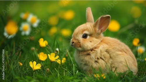 a small, fluffy, brown rabbit sitting in a lush green grassy field with yellow flowers, buttercups, interspersed throughout the grass.