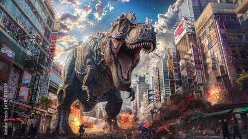 Dinosaur, Tyrannosaurus Rex walking through the city and people running in despair photo