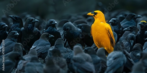 Solitary Yellow Crow Amid a Crowd of Black Crows Representing Contemplative Leadership and Individuality