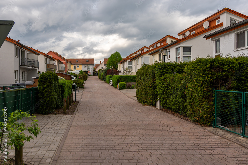 Residential sector of a European country. Residential yard on a cloudy day.