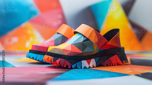 A pair of brightly colored sneakers with a geometric design resting on a colorful, patterned background. photo