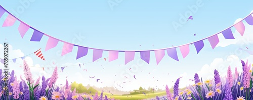 Foreground with lavender background and colorful flags garland on top  confetti all around  sun shining in the background  party banner