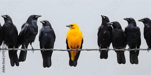 Yellow Crow Amid Black Flock on Wire Symbolizing Individuality and Innovation photo