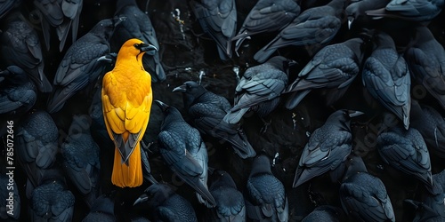 Solitary Yellow Bird Stands Alone Among Dark Flock on Split Background photo