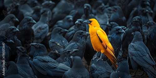 A Lone Yellow Crow Stands Out Among a Vast Flock of Black Crows Capturing the Essence of Individuality and Uniqueness in the Natural World photo