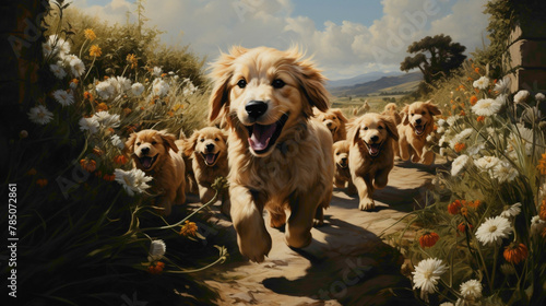 Playful puppies romping around a garden, their wagging tails and floppy ears capturing the joy and energy of these delightful canine companions.