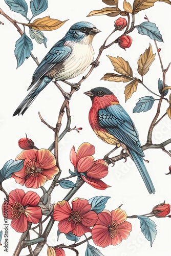 A charming illustration featuring a bird perched on a branch  with one side of the image in full color and the other in elegant black and white.