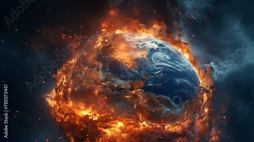 Fiery demise of a carbonized Earth globe, crumbling to ashes on glowing embers, a powerful depiction of global warming in high-definition 4k. photo
