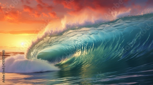 Giant ocean wave breaking at dawn along a sun-kissed tropical shoreline, the epitome of a surfer's summer dream, captured in high-definition 4k. © JP STUDIO LAB