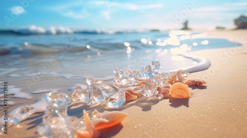 Capture the essence of summer on a beach with crystal clear waters and golden sand, sunlit and serene with a defocused background.