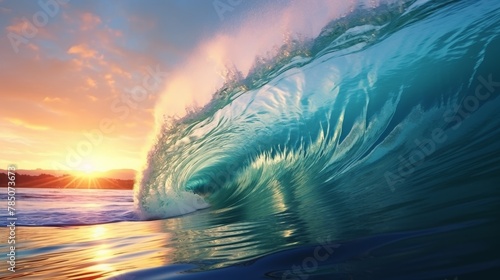 A majestic blue wave crests and breaks at sunrise on a tropical coast, its powerful spray illuminated by the morning light, in stunning.