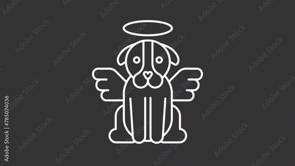 Pet funeral white line animation. Animated angel dog with halo icon. Pet loss. Pet afterlife. Dog heaven. Isolated illustration on dark background. Transition alpha video. Motion graphic Pet funeral white line animation. Animated angel dog with halo icon. Pet loss. Pet afterlife. Dog heaven. Isolated illustration on dark background. Transition alpha video. Motion graphic