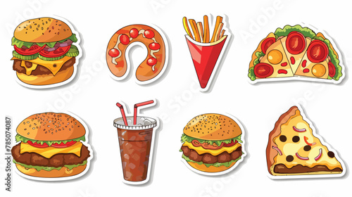 Fast food meal sticker set. Burger sandwich hamburger