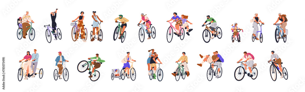 Happy people riding bicycles set. Active cyclists on bikes. Young excited smiling bicyclists cycling. Men, women and kids in helmets, pedaling. Flat vector illustration isolated on white background - obrazy, fototapety, plakaty 