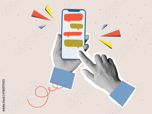 Black and white hands holding a phone with a chat. Vector illustration in a modern collage style