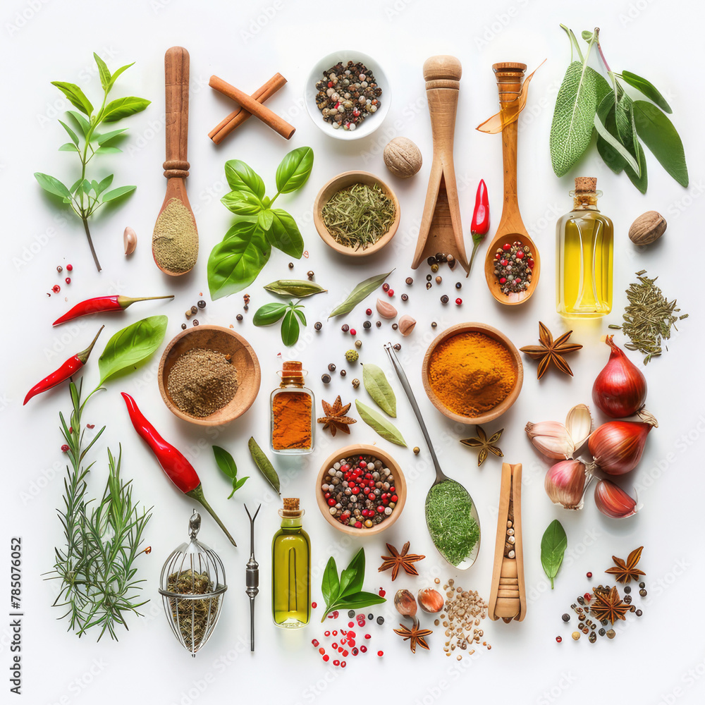 set of vegetables and spices. A vibrant composition consisting of a variety of vibrant spices, aromatic herbs and a variety of kitchen utensils, elegantly arranged on a white background.