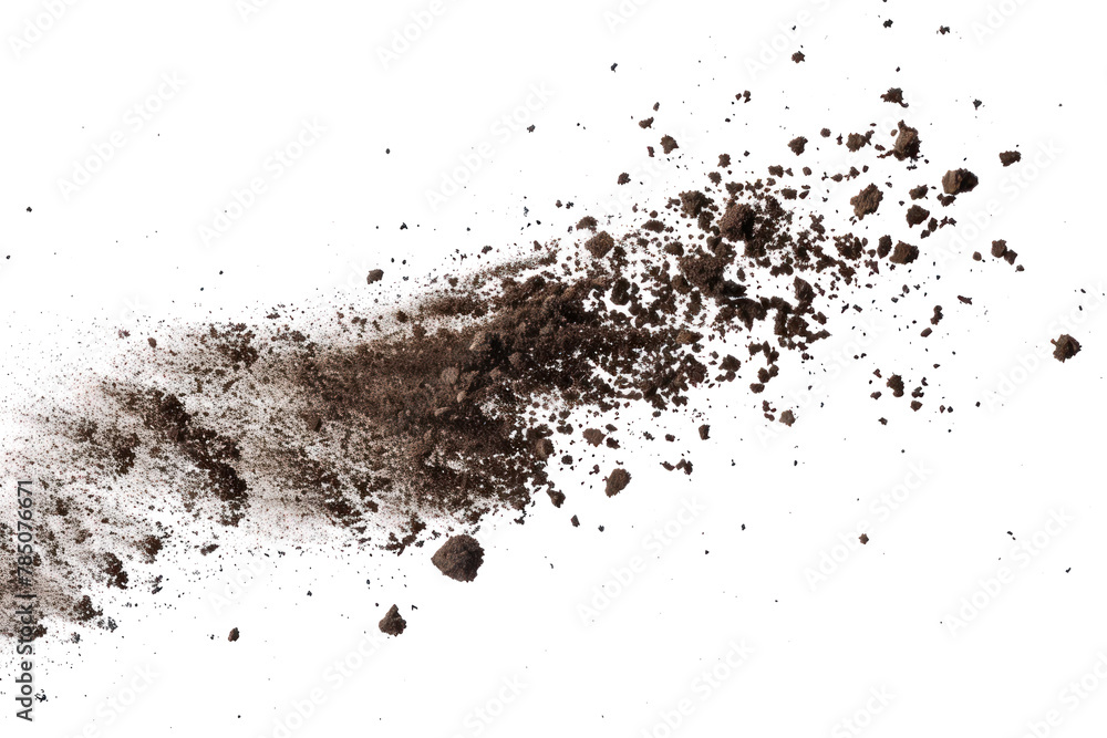 dirt soil flying pile scattered isolated on transparent or white background