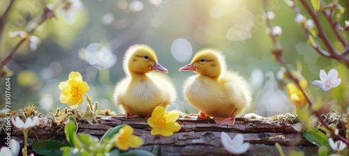  Cute yellow little ducklings sitting on the old wood in spring nature, surrounded by blooming flowers, sunny day, bokeh background, banner with copy space area copy space for text. © Sabina Gahramanova