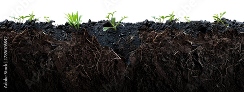 black soil with green plant isolated on transparent background, cut out, PNG photo