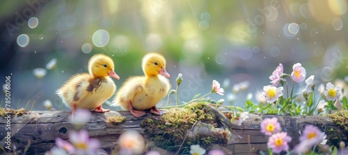  Cute yellow little ducklings sitting on the old wood in spring nature, surrounded by blooming flowers, sunny day, bokeh background, banner with copy space area copy space for text.