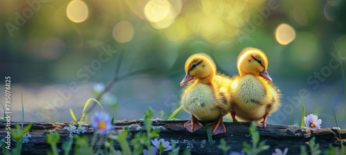  Cute yellow little ducklings sitting on the old wood in spring nature, surrounded by blooming flowers, sunny day, bokeh background, banner with copy space area copy space for text.