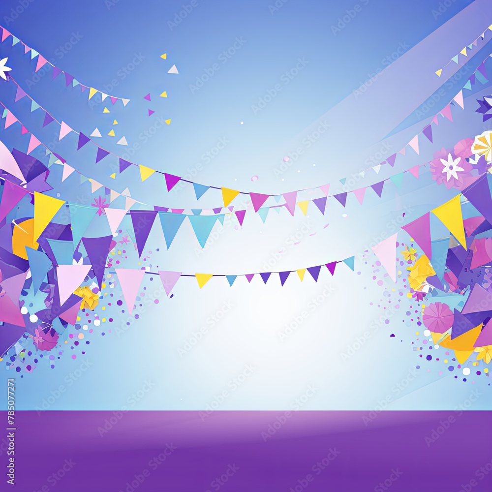 Foreground with violet background and colorful flags garland on top, confetti all around, sun shining in the background, party banner