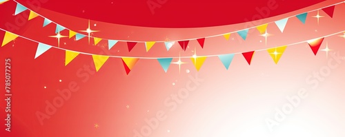 Foreground with rose background and colorful flags garland on top  confetti all around  sun shining in the background  party banner