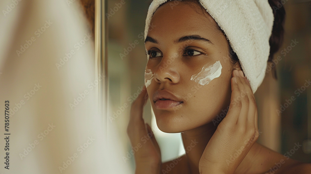 A woman is applying makeup in front of a mirror She is wearing a white towequot A woman is applying makeup in front of a mirror She is wearing a white towequot