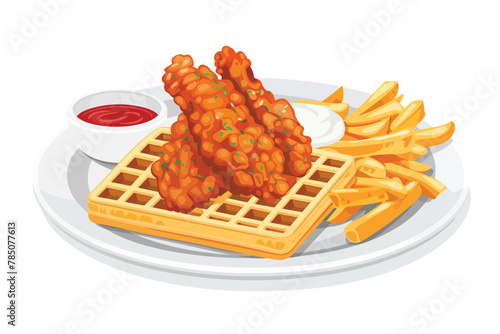 karaage chicken on waffle with fries and Mayo isolated vector style photo