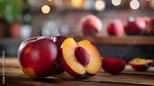 Fresh nectarines on a old black wooden table ,   ripe nectarines on wood board with natural lighting ,  Beautiful fruits for vegan nutrition juicy and freash peach on table photo