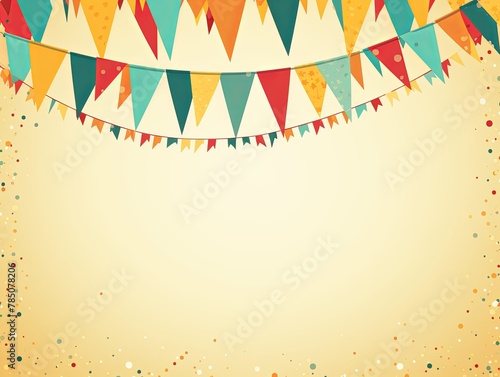 Foreground with tan background and colorful flags garland on top, confetti all around, sun shining in the background, party banner