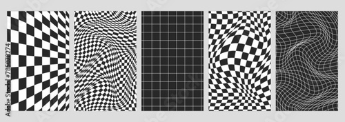 Set of psychedelic checkerboards with distorted black and white grid tile. Checkered seamless geometric patterns in trendy y2k style. Retro chessboard with surreal wavy lines, warped distortion effect