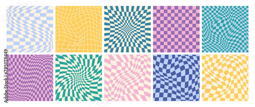 Set of psychedelic checkerboards with distorted grid tile. Groovy checkered seamless patterns in trendy y2k style. Funky hippie gingham wallpaper. Retro chessboard with surreal wavy geometric shapes.