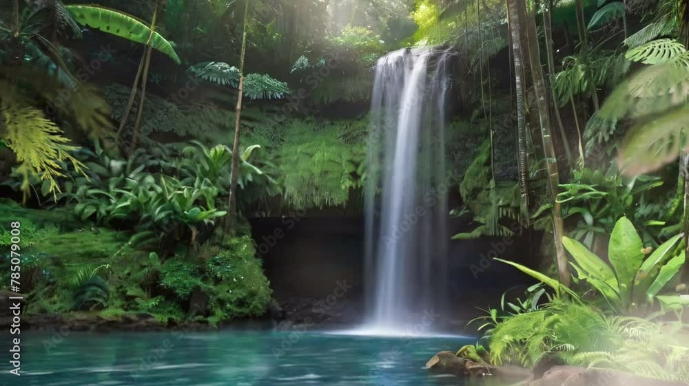 Waterfall in a tropical southeast Asian forest with beautiful nature and lush trees. Cartoon or anime watercolor painting illustration style. Waterfall in a tropical southeast Asian forest with beautiful nature and lush trees. Cartoon or anime watercolor painting illustration style.
