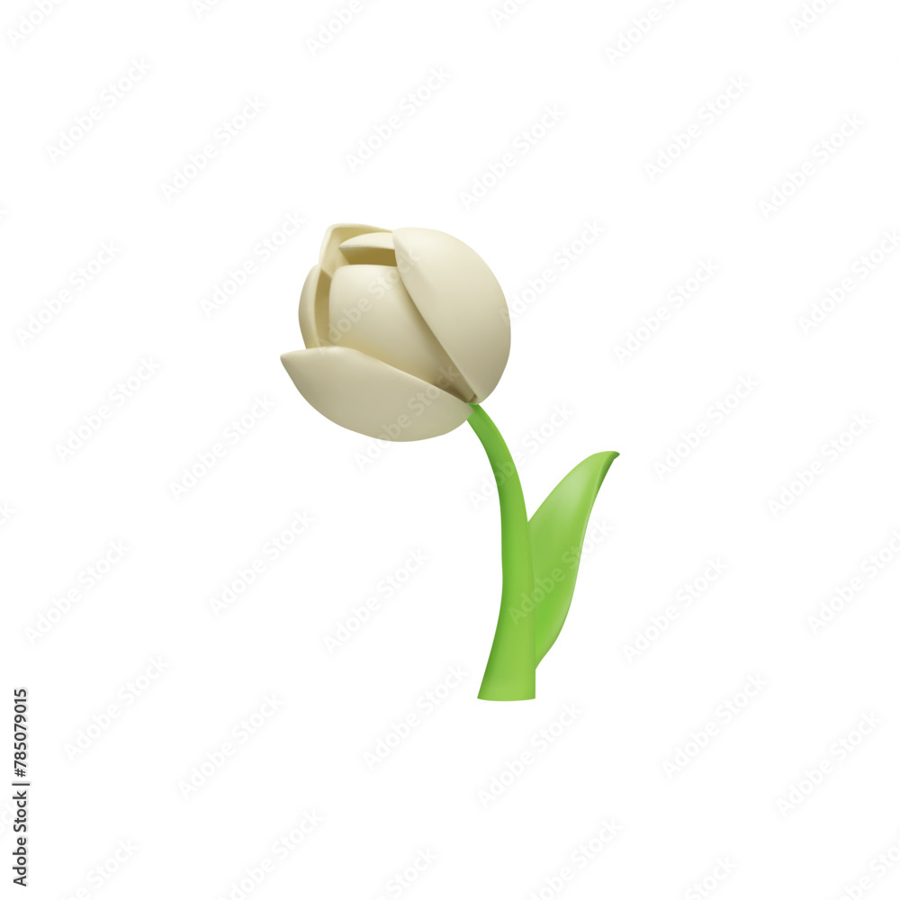 Fototapeta premium Tulip with leaves 3D realistic vector, plasticine texture beautiful white flower, single blossom plant for floral design