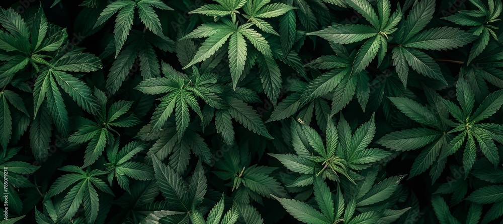 Cannabis plants, leaves, banner, top view Cannabis plants, leaves, banner, top view