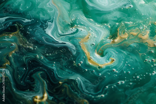 A macro photograph of algae on a pondâ€™s surface, the green and blue hues swirling together to crea