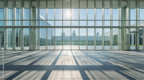 Modern glass building entrance with sunlight pattern