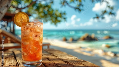 Fresh cold cocktail on tropical beach. Summer sea vacation and travel concept photo