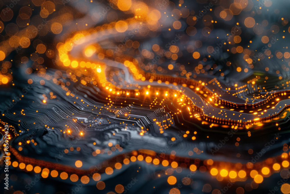 A macro shot of a silicon chip, the surface etched with intricate patterns that resemble an alien la A macro shot of a silicon chip, the surface etched with intricate patterns that resemble an alien la