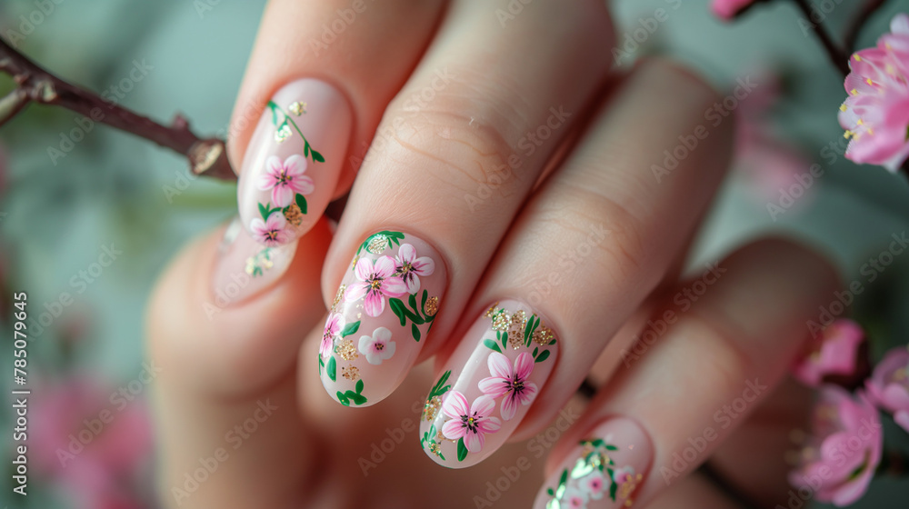 Close-up nail art with spring blossom theme, soft pink and green, floral details, fresh and romantic vibe. Glamour woman hand with nail polish on her fingernails. Nail art and design Close-up nail art with spring blossom theme, soft pink and green, floral details, fresh and romantic vibe. Glamour woman hand with nail polish on her fingernails. Nail art and design